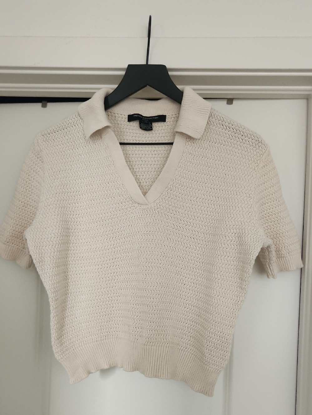 French Connection Cream Open-Knit Polo Top